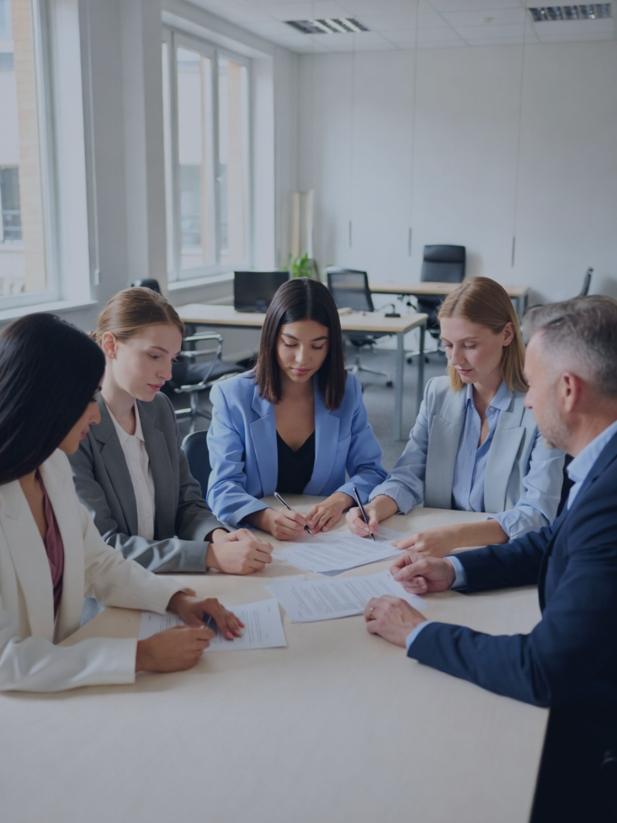 Equipo de socios y asesor para emprendedores firmando el acta de constitución y los documentos legales para el inicio de una nueva actividad empresarial.
