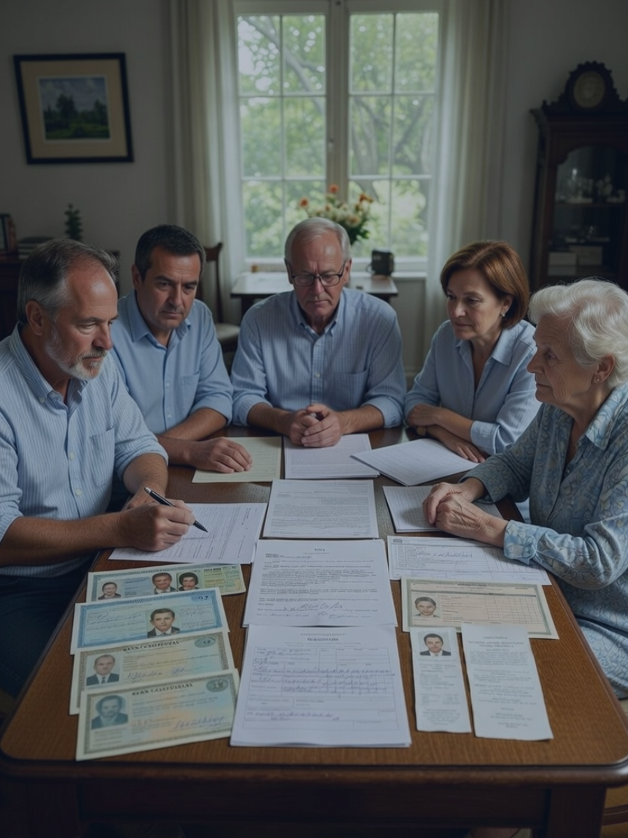 Familia reunida unificando toda la documentación necesaria para la presentación de la renta de un fallecido.