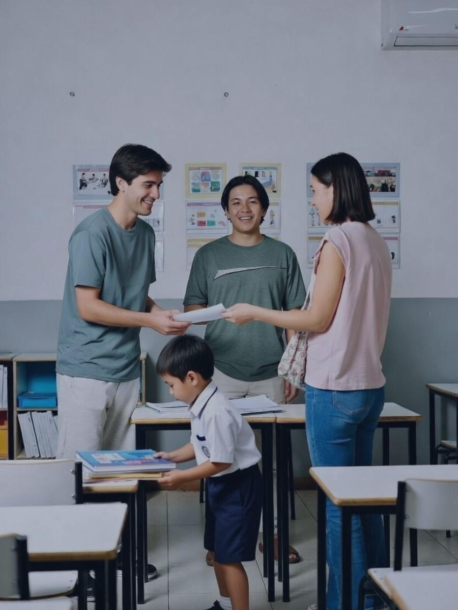 Profesores y padres intercambiando material educativo en un aula para gestionar la deducción por clases particulares en Andalucía.
