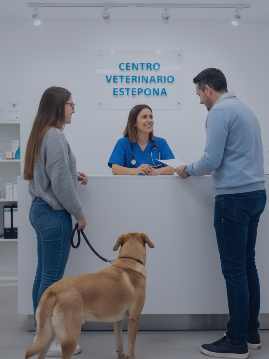 Pareja con su perro en la recepción del Centro Veterinario Estepona consultando sobre los gastos deducibles en la renta 2026.