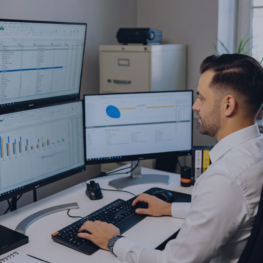 Asesor fiscal trabajando en su oficina en un caso con un cliente de la asesoría online en Málaga.