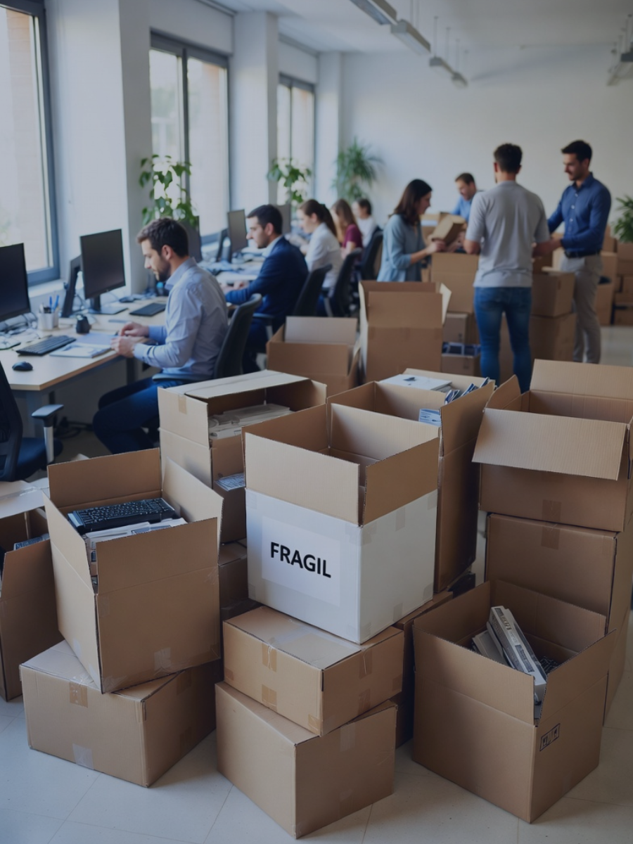 Técnicos instalando nuevos equipos de ordenadores en una oficina para el cálculo de la amortización de bienes de inversión del autónomo.