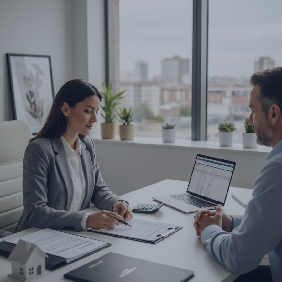 asesora fiscal junto con su cliente explicando los próximos pasos para la presentación de modelo 650 en la Junta de Andalucía