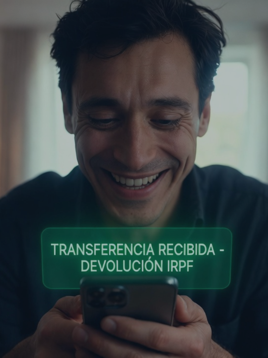 Contribuyente satisfecho consultando en su móvil la notificación bancaria que confirma que ha recibido la devolución de la renta 2025.