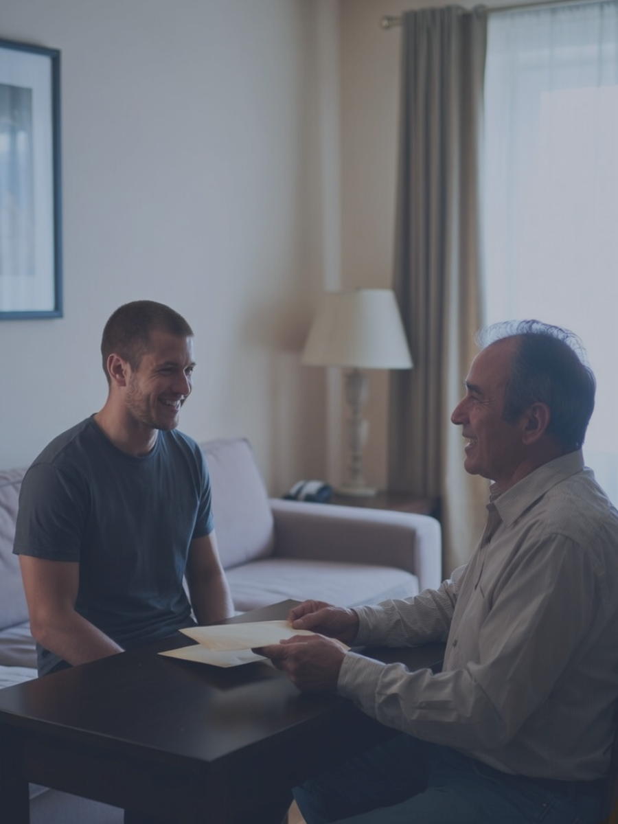 Padre e hijo sentados en una mesa con un sobre de dinero entre ellos, simbolizando una donación familiar en Andalucía que desde 2026 no siempre requiere escritura pública ante notario.