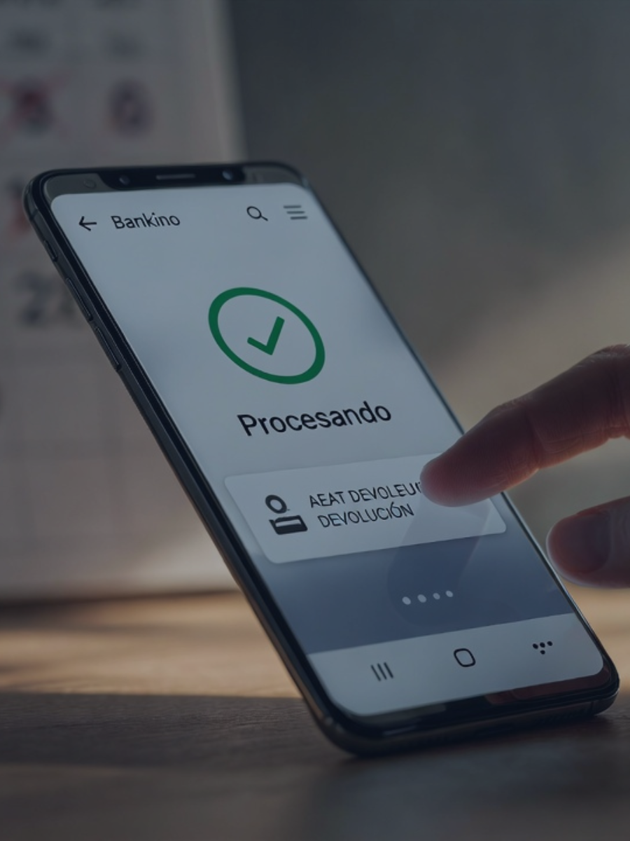 Contribuyente consultando en el móvil la notificación de la devolución de la renta 2025.