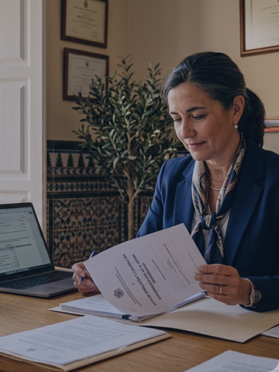 Empresaria revisando los documentos para cerrar correctamente su Sociedad Limitada en Andalucía con el apoyo de LibreTax