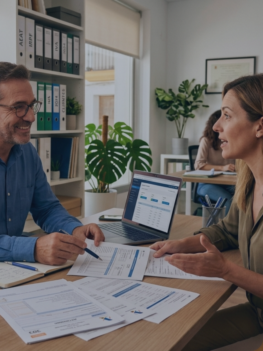 Asesor fiscal de LibreTax revisando documentos con un autónomo andaluz, mostrando un servicio personalizado y accesible desde toda Andalucía